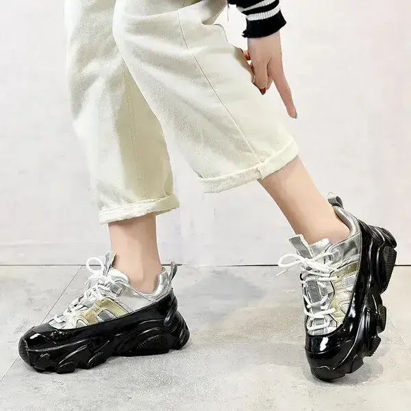 Womens Contrast Panel Sneakers | Light-Reflective Mid-Top Platform Shoes in Black, Silver